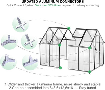 CDCASA 8.2x6.2 FT Greenhouse for Outdoors, Easy Assembly Aluminum Heavy Duty Polycarbonate Greenhouses w/Vent Window, Swing Door, Walk-in Green House for Sunroom Patio, Backyard, Garden,Black