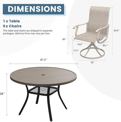DIFY 7 Pieces Outdoor Patio Dining Set, 6 Sandshell Textilene Swivel Dining Chairs and 47.2" Grey Wood-Like Round Dining Table, Metal Outdoor Table and Chairs