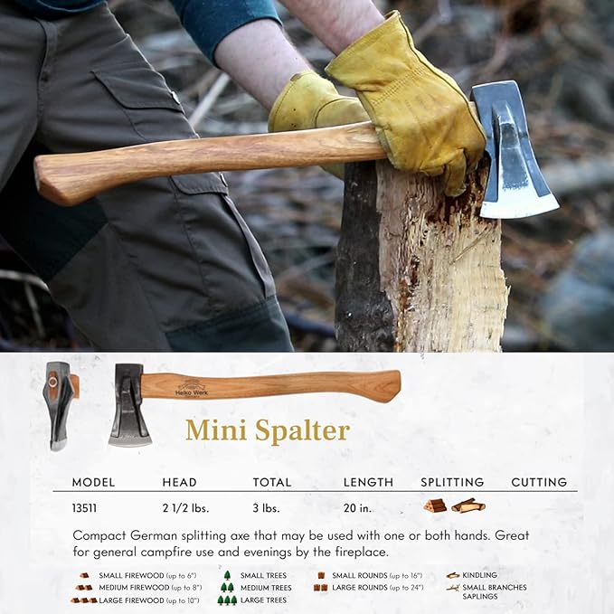 1844 Helko Werk Germany Traditional Mini Spalter - Made in Germany Compact Splitting Axe, Small Wood Splitting Hatchet - Head 2-1/2 lbs, Handle 20 in. (Mini Spalter) #13511