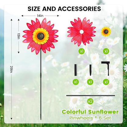 6PCS Sunflower Wind Spinners with Stakes 14" W x 29" H Wind Spinners Lawn Pinwheel Sunflower Windmill Outdoor Multicolor Pinwheels for Yard Decoration
