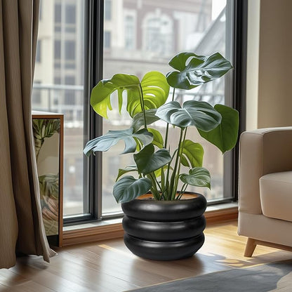 SQOWL 10 Inch Pot for Plants - Ceramic Planter for Indoor Plants Large Plant Pot with Drainage Hole Outdoor Flower Pot Decorative Round Planter for Porch House Decor Black