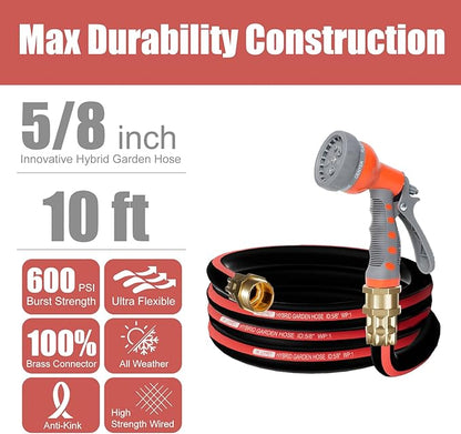 Upgraded Hybrid Garden Hose,5/8in.x10ft,Light Weight,No Kink Water Hose with 7 Function spray Hose Nozzle,Leak Proof Short Hose for Outside Car,Floor,Yard Washing,Garden Watering.(10FT)