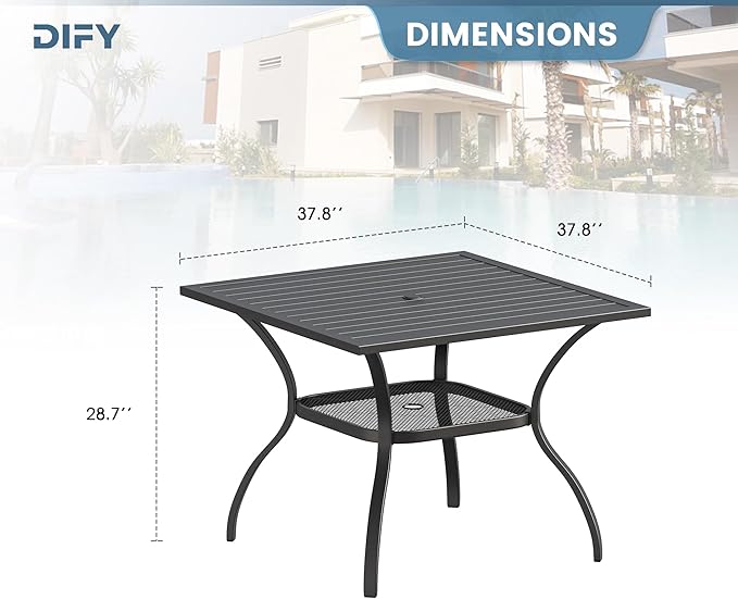 DIFY Square Patio Dining Table for 4, 38" Black Outdoor Metal Dining Table with 1.57" Umbrella Hole for Backyard, Lawn, Garden and Deck
