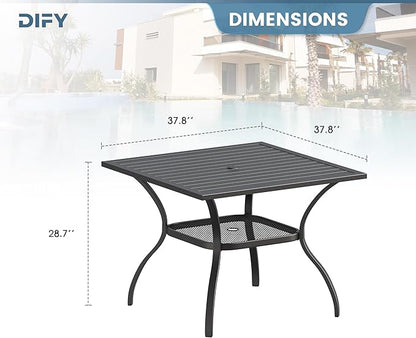 DIFY Square Patio Dining Table for 4, 38" Black Outdoor Metal Dining Table with 1.57" Umbrella Hole for Backyard, Lawn, Garden and Deck