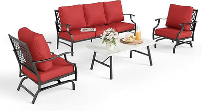 Patio Furniture Set 4 pcs, Outdoor Patio Furniture, 3-Seat Sofa, 2 Rocking Chairs, Coffee Table and 5.75" Extra Thick Cushions, Conversation Set for Backyard Deck, Red