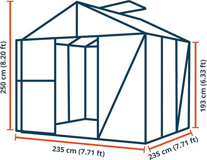 Greenhouse Diamas 21 Premium 7.7 x 7.7 ft with Approx. 16 mm Polycarbonate Panels, Natural Aluminum Color