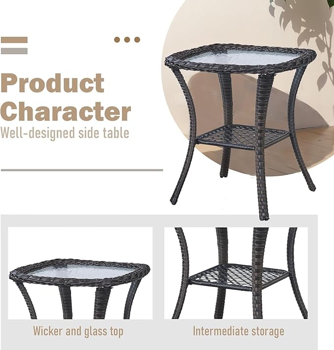 Outdoor Side Table, Brown Rattan Wicker Patio Side Table, Patio End Table, Small Outdoor Side Table with Glass Tabletop and Storage Shelf (Brown)