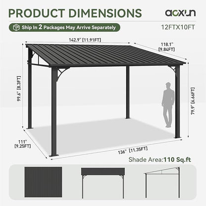 Aoxun 10' x 12' Lean to Gazebo, Hardtop Outdoor Pergola with Sloping Galvanized Steel Roof, Large Wall-Mounted Heavy Duty Awnings for Patio, Backyard, Deck, Porch (Black)