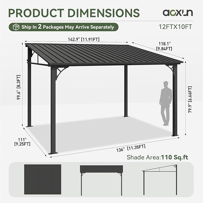Aoxun 10' x 12' Lean to Gazebo, Hardtop Outdoor Pergola with Sloping Galvanized Steel Roof, Large Wall-Mounted Heavy Duty Awnings for Patio, Backyard, Deck, Porch (Dark)