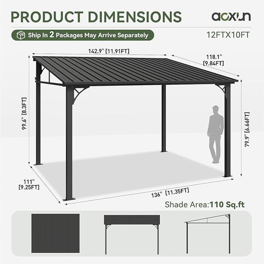 Aoxun 10' x 12' Lean to Gazebo, Hardtop Outdoor Pergola with Sloping Galvanized Steel Roof, Large Wall-Mounted Heavy Duty Awnings for Patio, Backyard, Deck, Porch (Dark)