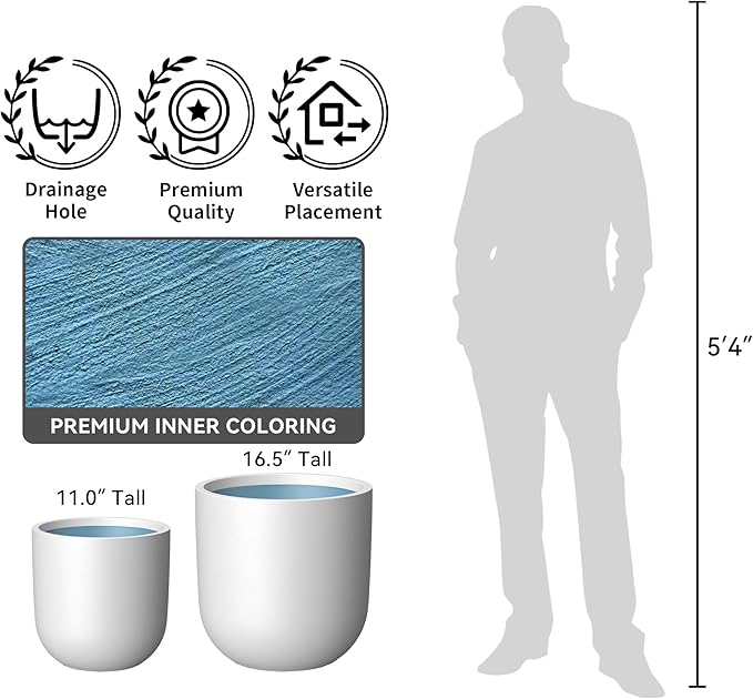 Kante 16.5" Round Concrete Planter, Large Cylinder Plant Pot with Curved Bottom and Drainage Hole, for Indoor and Outdoor Use – Garden or Patio, White Finish with Aqua Blue Interior