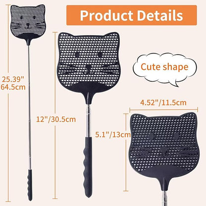 2 Pack Extendable Fly Swatter, 25 inch Long Handle Flyswatters, Plastic Heavy Duty Fly Swatters Manual for Indoors Patio Garden and Outdoors Black