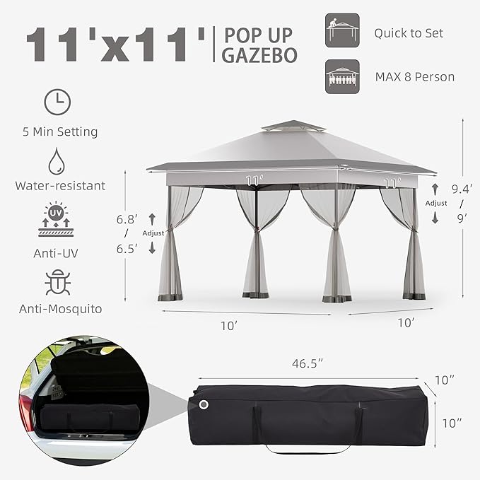 Bezseller 11x11 Pop Up Gazebo Tent with Mosquito Netting – Quick Set Up, Water-Resistant Outdoor Canopy for Patio, Garden, Backyard, and More,Light Grey