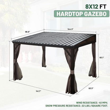 8’ x 12’ Lean to Gazebo, Outdoor Wall Mounted Gazebo Aluminum Frame, Hardtop Pergola with Galvanized Steel Sloping Roof for Patio Deck Garden Backyard, Curtain and Netting Included