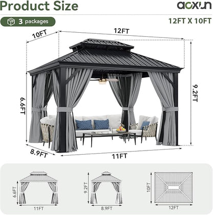Aoxun 10' X 12' Hardtop Gazebo with Drainage System, Aluminum Outdoor Gazebo with Galvanized Steel Double Roof, Patio Permanent Metal Pavilion with Netting, for Garden, Deck, Easy Assemble