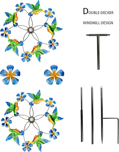 Double Blade Hummingbird Swivel Wind Spinners, Outdoor Garden Spinners 38inch Garden Stakes Decor, Metal Pinwheels for Yard and Lawn
