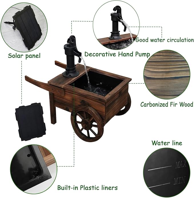 Carbonized Wood Outdoor Freestanding Fountain - Movable Vintage Hand Pump Cart, Solar-Powered Electric Decorative Water Feature for Patio, Garden & Indoor Decoration