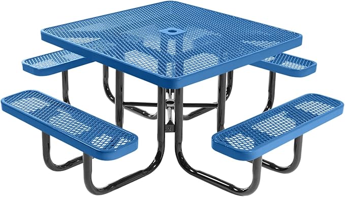 COATEDOUTDOORFURNITURE Heavy-Duty Portable Outdoor Picnic Table with Umbrella Hole, Expanded Metal Commercial-Grade Patio Dining Furniture Made in America (46" Square Top, Textured Light Blue)