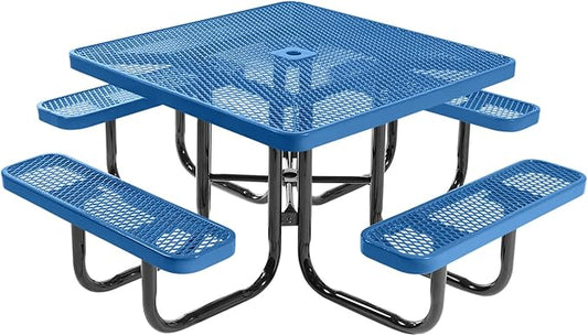 COATEDOUTDOORFURNITURE Heavy-Duty Portable Outdoor Picnic Table with Umbrella Hole, Expanded Metal Commercial-Grade Patio Dining Furniture Made in America (46" Square Top, Textured Light Blue)