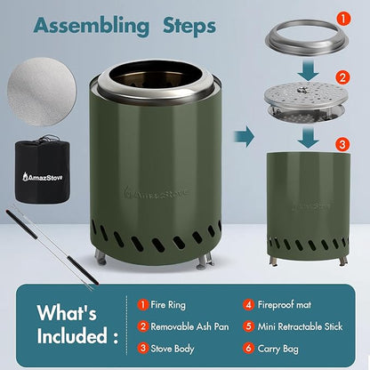 9.7 x 7.1 Inch Tabletop Fire Pit by AmazStove, Low Smoke Camping Stove for Outdoor Safe Burning Firepits, Fueled Pellets or Wood, Travel Bag Included (Green, 9.7 x 7.1 INCH)