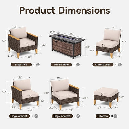 GREEN PARTY 9 Pieces Wicker Patio Furniture Set with 56" Fire Pit Table, All-Weather Outdoor Rattan Patio Sectional Sofa Conversation Set 9 Seats with 4" Thick Cushions for Garden, Backyard