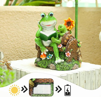 A-First Solar Garden Outdoor Statues Frog Turtle Reading Sculptures Figurine with Solar Lights for Patio Balcony Yard Ornament Outdoor Decor Gift