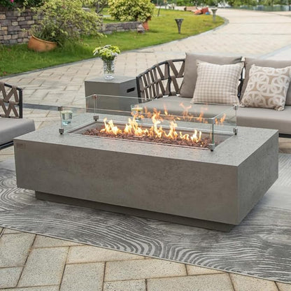 AMS Creations | Madison 60" Bundle Rectangular Natural Gas Outdoor Fire Pit Table | Light Gray Concrete GFRC | Limestone Texture or Surface | Electronic Ignition | Outside Backyard Fireplace