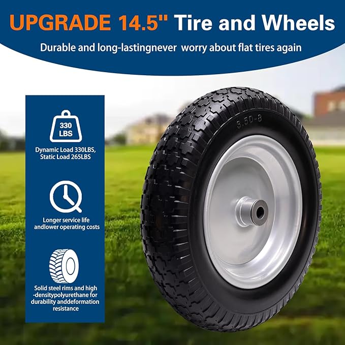 4.80/4.00-8 Tire, 14.5" Flat Free Wheelbarrow Tire and Wheel, 5/8" 3/4" Bearings Solid Replacement Tires, 3" -7" Centered Hub, Universal Fit 3.50/3.00-8, 4.00-6 Trolley Dolly Go Kar, 2 Pack