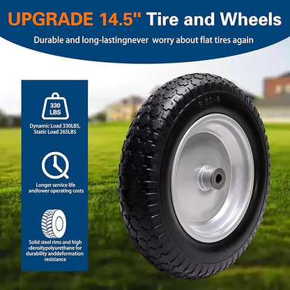 4.80/4.00-8 Tire, 14.5" Flat Free Wheelbarrow Tire and Wheel, 5/8" 3/4" Bearings Solid Replacement Tires, 3" -7" Centered Hub, Universal Fit 3.50/3.00-8, 4.00-6 Trolley Dolly Go Kar, 2 Pack