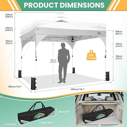COBIZI 10x10 Pop up Canopy, Canopy Tent 10x10 with 3 Sidewalls, 1 Person Easy Set up, Tents for Parties, Outdoor Tent with Fluorescent Strip & 4 Sandbags, Waterproof, 3 Adjustable Height (White)