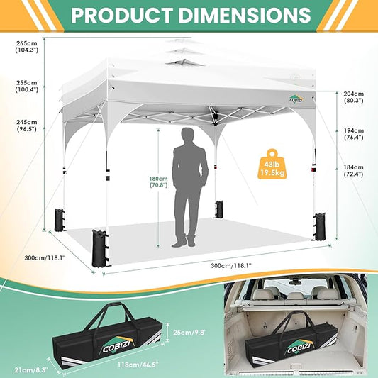 COBIZI 10x10 Pop up Canopy, Canopy Tent 10x10 with 3 Sidewalls, 1 Person Easy Set up, Tents for Parties, Outdoor Tent with Fluorescent Strip & 4 Sandbags, Waterproof, 3 Adjustable Height (White)