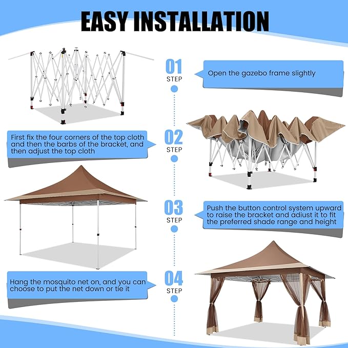 COBIZI 12x12 Pop up Canopy Gazebo on Clearance, Outdoor Canopy Tent with Mosquito Netting & Waterproof Roof & Sandbags & Carrying Bag,Patio Portable Gazebo for Garden,for Backyard,Brown
