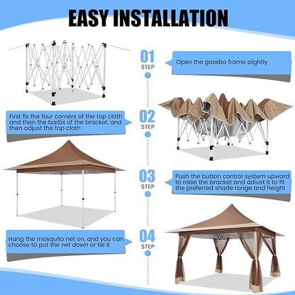 COBIZI 12x12 Pop up Canopy Gazebo on Clearance, Outdoor Canopy Tent with Mosquito Netting & Waterproof Roof & Sandbags & Carrying Bag,Patio Portable Gazebo for Garden,for Backyard,Brown