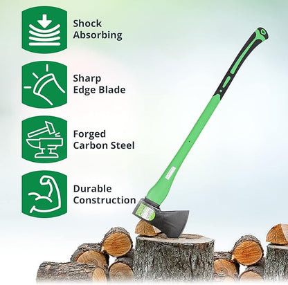 WilFiks Chopping Axe, 36” Camping Outdoor Hatchet for Wood Splitting and Kindling, Forged Carbon Steel Heat Treated Hand Maul Tool, Fiberglass Shock Reduction Handle with Anti-Slip Grip