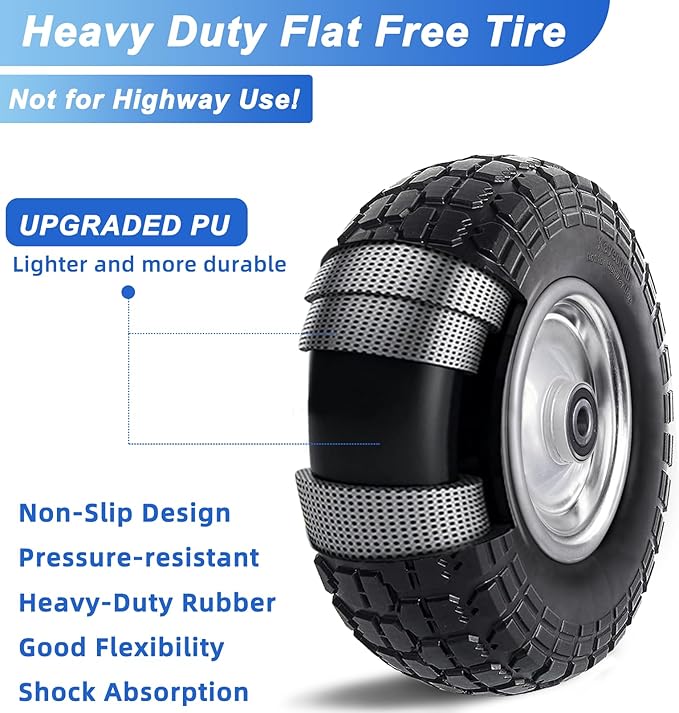 12'' Flat Free Tires Rubber Replacement Solid Tire and Wheel Assemblies for Hand Trucks Garden Cart Wheelbarrow - 3.5”Wide Polyurethane Tires 2.1 Hub with 5/8 Inch Axle Borehole Silver