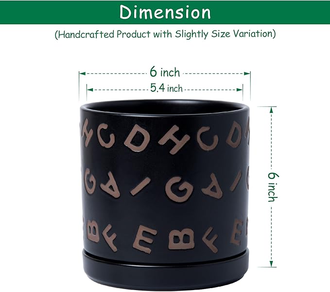 D'vine Dev Set of 2 Ceramic Planter Pots with Drainage Hole and Saucer, 6 Inch Plant Pots for Plants Indoor Houseplants, Black, 99-Z-G-2-Y