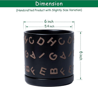 D'vine Dev Set of 2 Ceramic Planter Pots with Drainage Hole and Saucer, 6 Inch Plant Pots for Plants Indoor Houseplants, Black, 99-Z-G-2-Y