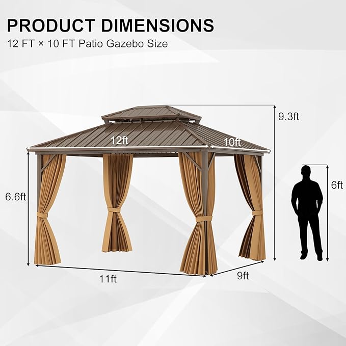 Tangkula 10x12 FT Hardtop Gazebo, Permanent Pavilion Shelter with Netting & Curtain, Heavy-Duty Double Galvanized Metal Roof, Aluminum Frame, Outdoor Gazebo for Patio Garden Deck Lawn Backyard
