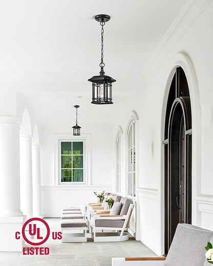 VIANIS Outdoor Pendant Lights for Porch, Black Exterior Hanging Lanterns Outdoor, Aluminum Farmhouse Ceiling Light Fixture, Waterproof Tempered Seed Glass Chandelier for Gazebo