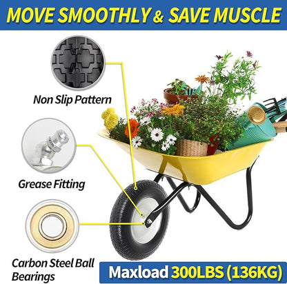4.80/4.00-8" Wheelbarrow Tire, 16" Flat-Free Solid Tire and Wheel, 3-6" Centered Hub, 5/8" & 3/4" Bearing, For Broadcast Spreader Garden Wagon Cart Trolley Dolly Lawn Mover (1 Pack)