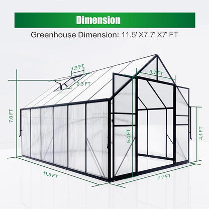 8x12 FT Greenhouse for Outdoors, Polycarbonate Green House with Adjustable Roof Vent and Rain Gutter, Aluminum Large Walk-in Greenhouse with Quick Setup Structure for Outside Garden Backyard Patio
