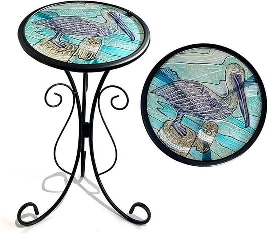 HONGLAND Outdoor Side Table, Small Outdoor Table, 12" Round Patio Side Table End Table, Glass Plant Stand, Small Bistro Coffee Table for Garden Patio Porch Living Room (Pelican)