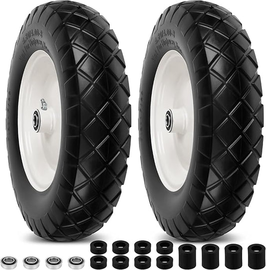 4.80/4.00-8" Flat Free Wheelbarrow Tires and Wheels, 16" Universal Fit Solid Tires with 5/8" or 3/4" Bearing, 3"-7" Hub, Adapter Kit Hand Truck Wheels Replacement for Garden Trailer, Wagons, 2 PCS