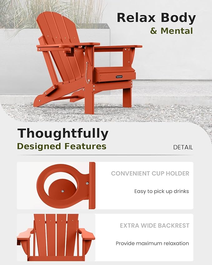 MUCHENGHY Folding Adirondack Chairs Set of 2, Patio Chairs, Lawn Chairs, Outdoor Chair, Adirondack Chair Plastic, Fire Pit, Weather Resistant with Cup Holder for Deck, Backyard, Garden(Orange)