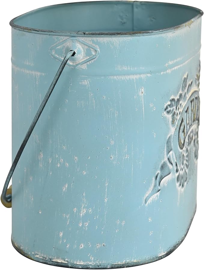 Vintage Distressed Blue Metal Planter Pot with Handles, Garden No.2 Embossed Design, Rustic Farmhouse Flower Bucket for Indoor Outdoor Gardening, Succulents, Herbs, Home Decor