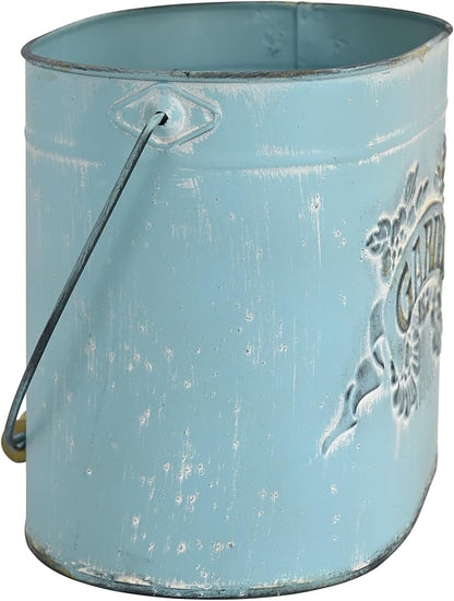 Vintage Distressed Blue Metal Planter Pot with Handles, Garden No.2 Embossed Design, Rustic Farmhouse Flower Bucket for Indoor Outdoor Gardening, Succulents, Herbs, Home Decor