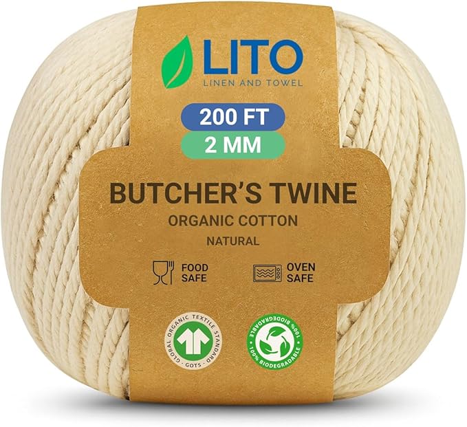 Organic Butcher’s Twine for Cooking & Trussing – 2mm Heavy-Duty Natural Cotton Kitchen Twine 200 Feet – Food-Safe, Oven-Safe String for Meat, Turkey, Baking, & Crafts
