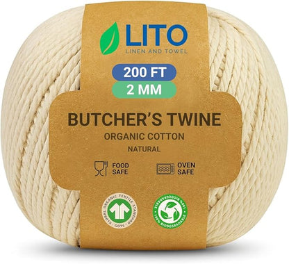 Organic Butcher’s Twine for Cooking & Trussing – 2mm Heavy-Duty Natural Cotton Kitchen Twine 200 Feet – Food-Safe, Oven-Safe String for Meat, Turkey, Baking, & Crafts