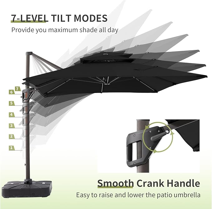 JZAC & QZYD 10 X 13 FT Cantilever Patio Umbrella with Base Included Outdoor Rectangle Offset Large Heavy Duty Double Top Umbrellas with 360° Rotation for Deck Backyard Garden, Black