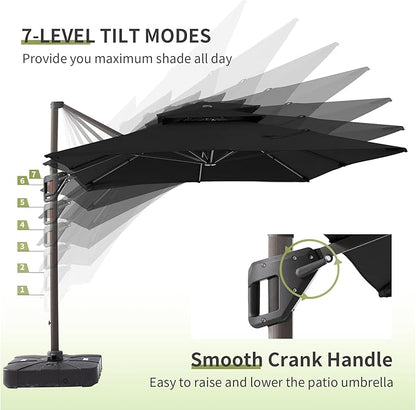 JZAC & QZYD 10 X 13 FT Cantilever Patio Umbrella with Base Included Outdoor Rectangle Offset Large Heavy Duty Double Top Umbrellas with 360° Rotation for Deck Backyard Garden, Black